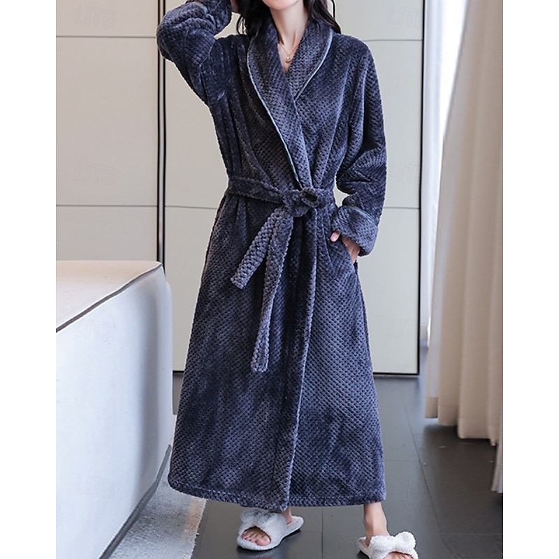 Women's Pajamas Robe Casual Pure Color Pocket Vacation Home Bed Long Sleeve V Neck Black White Wine Navy Blue Gray Fall Winter Tailored Fit2