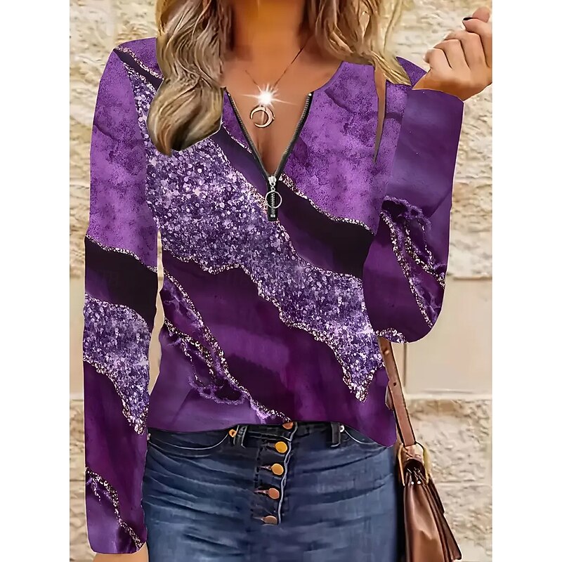 Women's T Shirt Ombre Heart Graphic Vintage Fashion Stylish Long Sleeve Crew Neck Regular Tops Daily Zipper Print White Purple Green Spring Fall Winter3