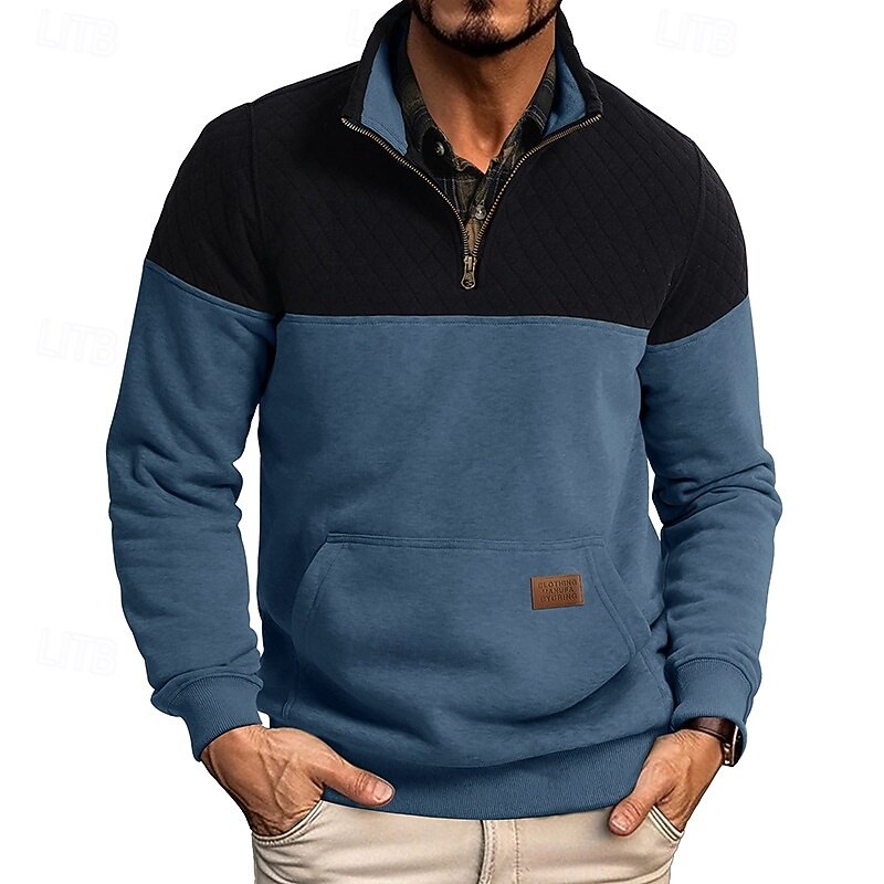 Men's Sweatshirt Waffle Sweatshirt Pullover Hoodie Sweatshirt Pullover Quarter Zip Sweatshirt Army Green Burgundy Royal Blue Brown Khaki Standing Collar Plain Patchwork Sports & Outdoor Casual Daily4