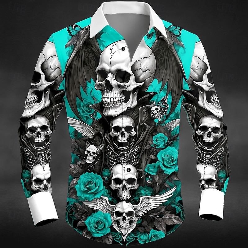 Halloween Men's Skull Wings Shirt Button Up Shirt Long Sleeve Dark Punk Gothic Style Outdoor Holiday Summer Spring Turndown 3D Print Collared Shirts Red Green2