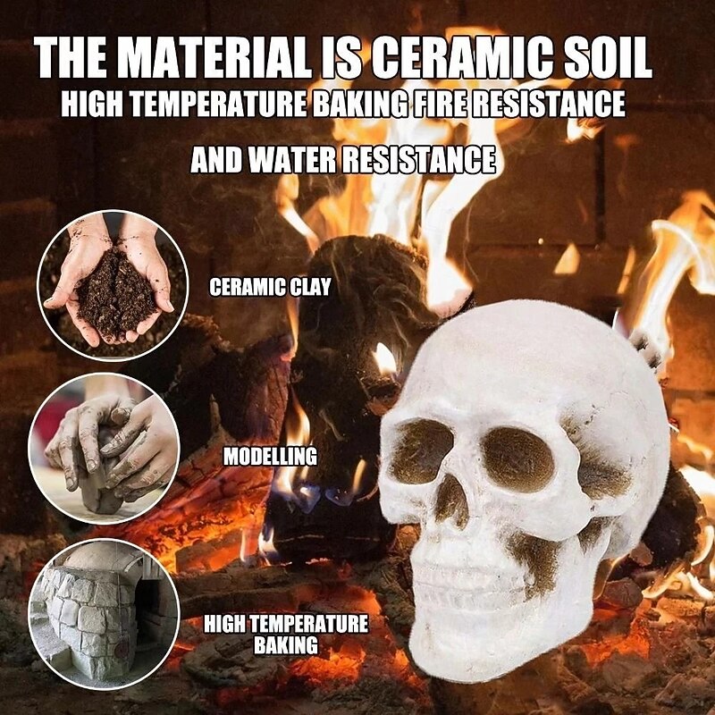 1pc Halloween Ceramic Fireproof Fire Pit Skull, Burning Skeleton Head Figurine for Fireplace or Fire Bowl, Scary Halloween Party Prop and Spooky Indoor Outdoor Decor2