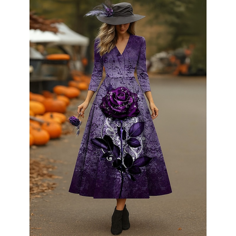 Halloween Women's Midi Dress A Line Dress Vacation Casual Wedding Party Birthday Regular Fit Floral Graphic Rose 3/4 Length Sleeve V Neck Yellow Rusty Red Purple Spring Fall2