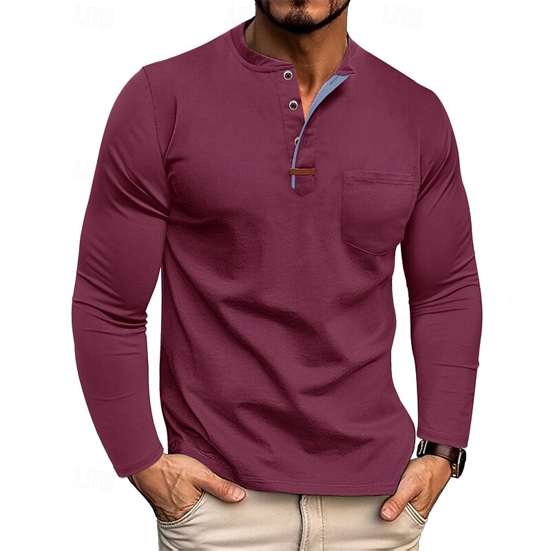 Men's T Shirt Henley Shirt Tee Tee Top Long Sleeve Henley Spring Fall Plain Fashion Designer Basic Pockets Buttons Vacation Street Going out Black White Wine Top Tee for Men2