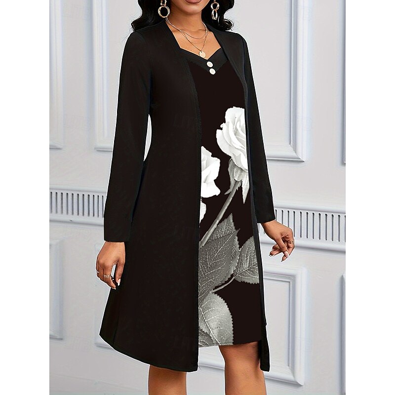 Women's Midi Dress A Line Dress Casual Daily Regular Fit Floral Long Sleeve V Neck Black Summer Spring Fall3