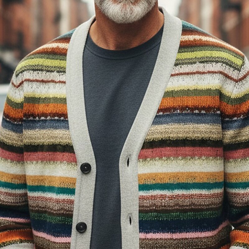 Christmas Men's Horizontal Stripes Sweater Cardigan Sweater V Neck Retro Vintage Casual Outdoor Home Party Buckle Long Sleeve Fall Winter Multicolor2