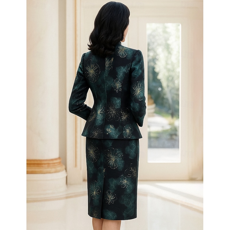 Two Piece Dress Sets Mother of the Bride Dress Formal Wedding Guest Elegant Vintage Crew Neck Tea Length Satin Sleeveless Short Jacket Skirts with Flower2