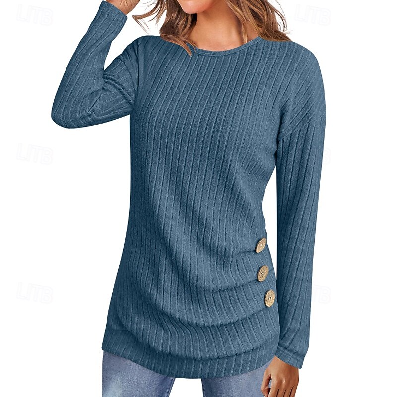 Women's Sweater Pullover Streetwear Casual Solid Color Ribbed Crew Neck Buttons Knitted Long Sleeve Regular Tops Knit Daily Holiday Weekend Black Army Green Fall Winter4