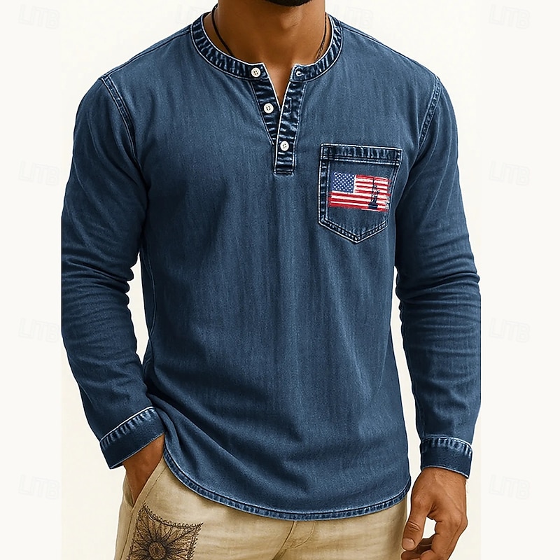 Men's Henley Shirt Tee Tee Top Long Sleeve Shirt Long Sleeve Henley Fall Winter Flag Retro Fashion Designer Fashion Vintage Vacation Street Going out Dark Brown Navy Black Top Tee for Men2