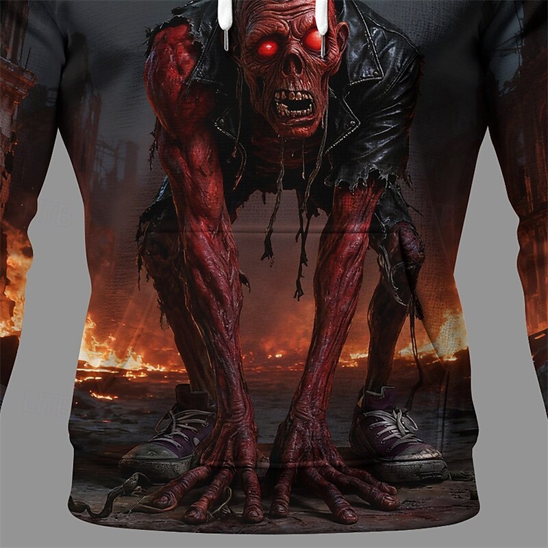 Halloween Men's Skull Monster Hoodie Fashion Daily Hooded Vacation Party Streetwear Dark Gray Drawstring Pocket Printing Fall Winter Designer3