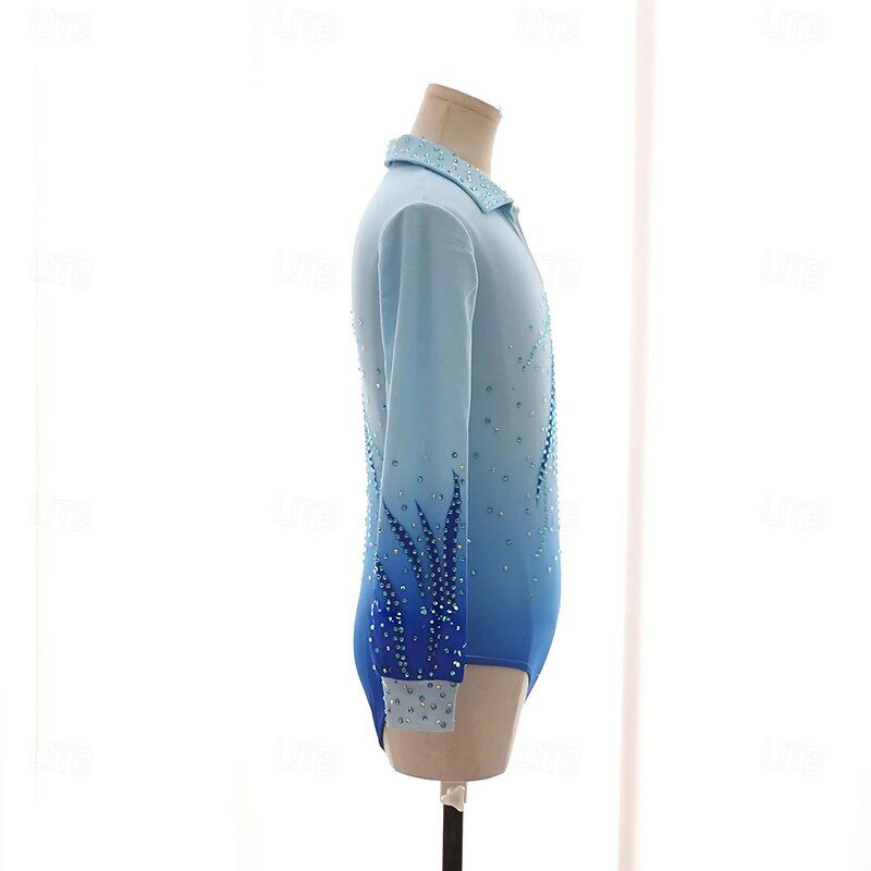 Figure Skating Top Men's Boys' Ice Skating Tops Sky Blue Patchwork Spandex High Elasticity Training Competition Skating Wear Classic Crystal / Rhinestone Long Sleeve Ice Skating Figure Skating4