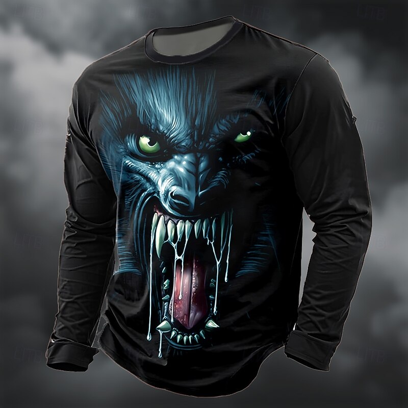 Halloween Men's 3D Werewolf T Shirt Long Sleeve T shirt 3D Print Crew Neck Shirt Fashion Exaggerated Street Casual Daily Blue Green Gray Summer Spring Fall Clothing Apparel S M L XL XXL XXXL2