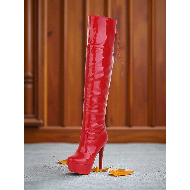 Women's Red Patent Leather Over the Knee Platform Stiletto Boots - Sexy High Heel Footwear for Nightlife & Club Parties2