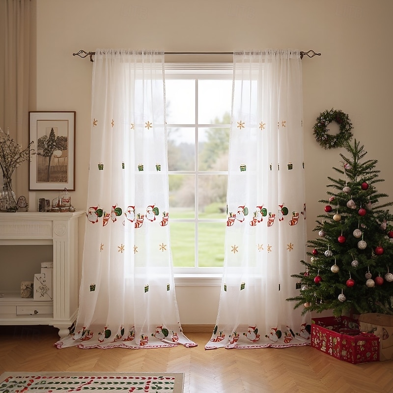 New American Style Christmas Curtain, Santa Embroidered Sheer Drapes, Blackout Rectangular Window Treatment, Finished Fabric Home Decoration2