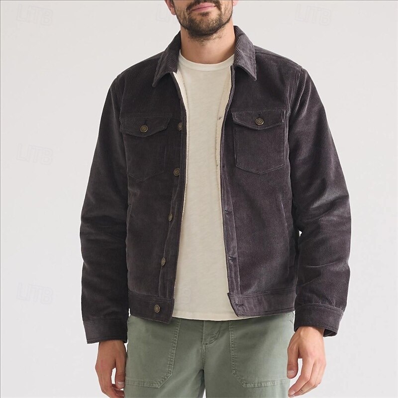 Men's Winter Jacket Corduroy Jacket Fleece Jacket Cargo Jacket Vacation Daily Thermal Warm Pocket Fleece Fall Winter Plain Fashion Streetwear Lapel Regular Coffee Jacket2