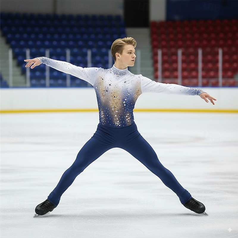 Figure Skating Top Men's Boys' Ice Skating Tops Blue White Patchwork Spandex High Elasticity Training Professional Competition Skating Wear Classic Crystal / Rhinestone Long Sleeve Ice Skating Figure