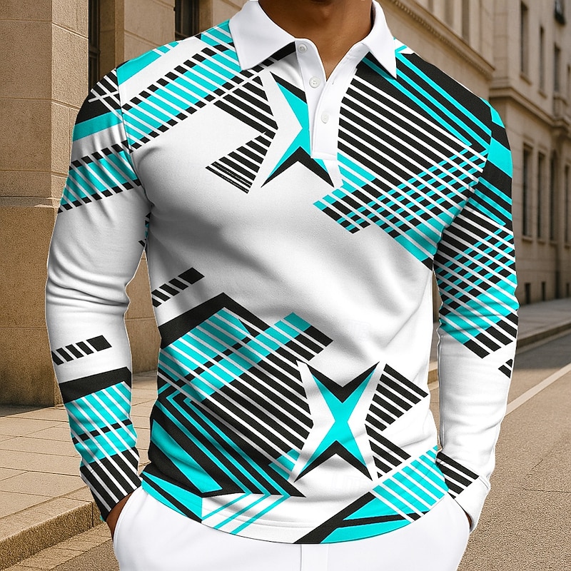 Men's Geometic Polo Long Sleeve Polo Shirts Lapel Business Casual Athleisure Daily Wear 3D Print Buttons Spring Fall Winter Red Blue Orange2