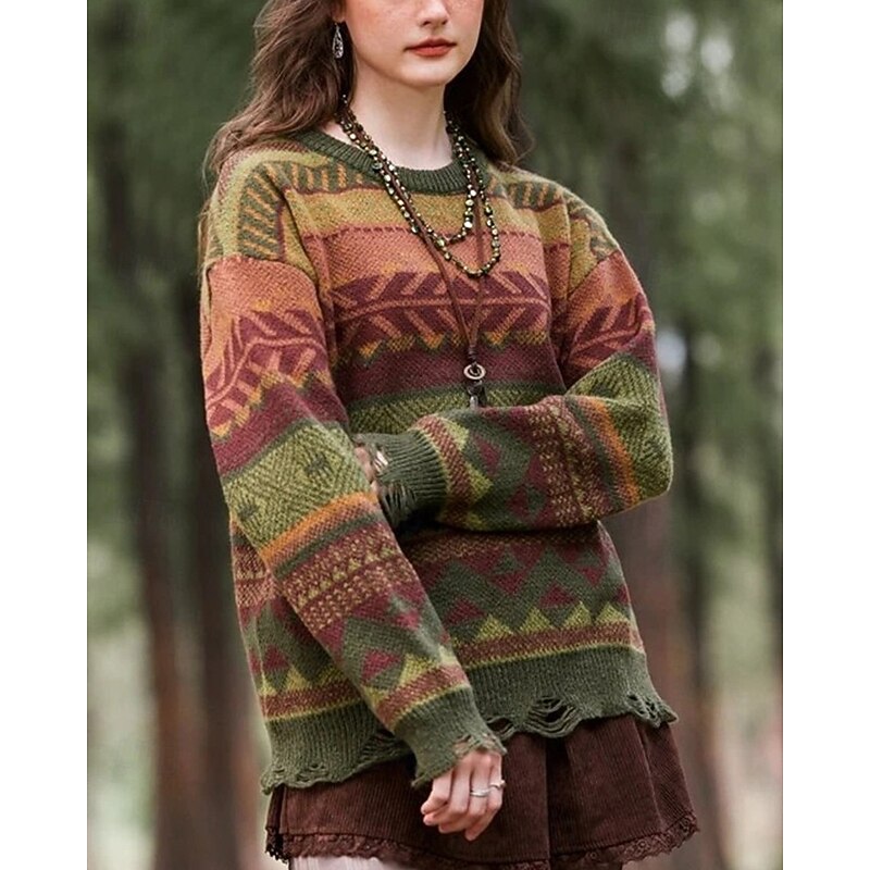 Women's Sweater Fair Isle Sweater Pullover Streetwear Casual Geometric Ribbed Crew Neck Knitted Long Sleeve Regular Tops Knit Outdoor Daily Weekend Green Fall Winter4