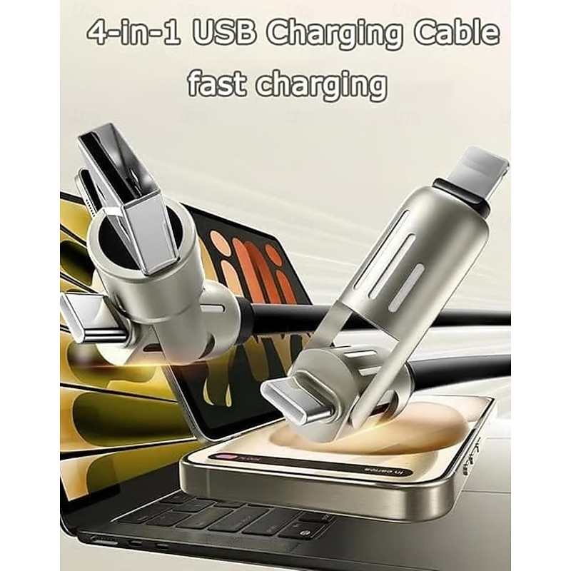 4-in-1 USB Charging Cable Fast Charging Max 60w for USB C/USB-A/Type-C/Lightnin Connectors, LED Indicator Cable for iPhone 17/16/15, Samsung iPad Android MacBook Power Bank2