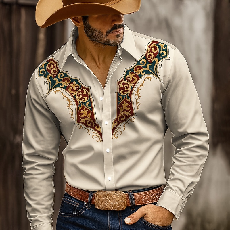 Men's Floral Print Shirt Button Up Shirt Cowboy Shirt Long Sleeve Western Style Outdoor Casual WorkWear Spring Fall Turndown 3D Print Collared Shirts Blue Green Beige