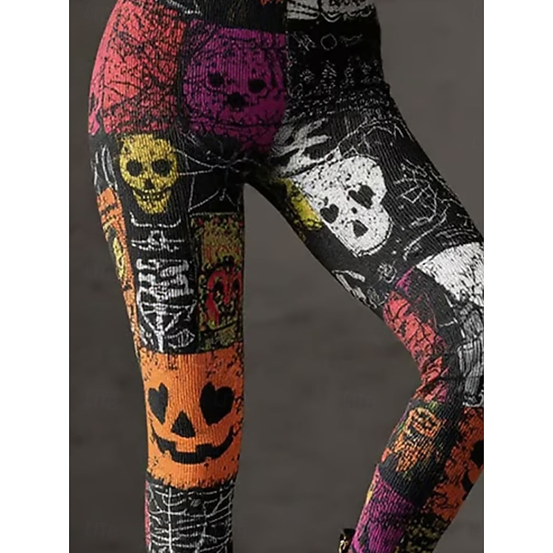Women's Leggings Vacation Vintage Ethnic Style Full Length High WaistPantsHalloween Graphic Skull Drawstring Patchwork 3D Print Quick Dry Breathability Soft Stretchy Formal Outdoor Vacation Orange2