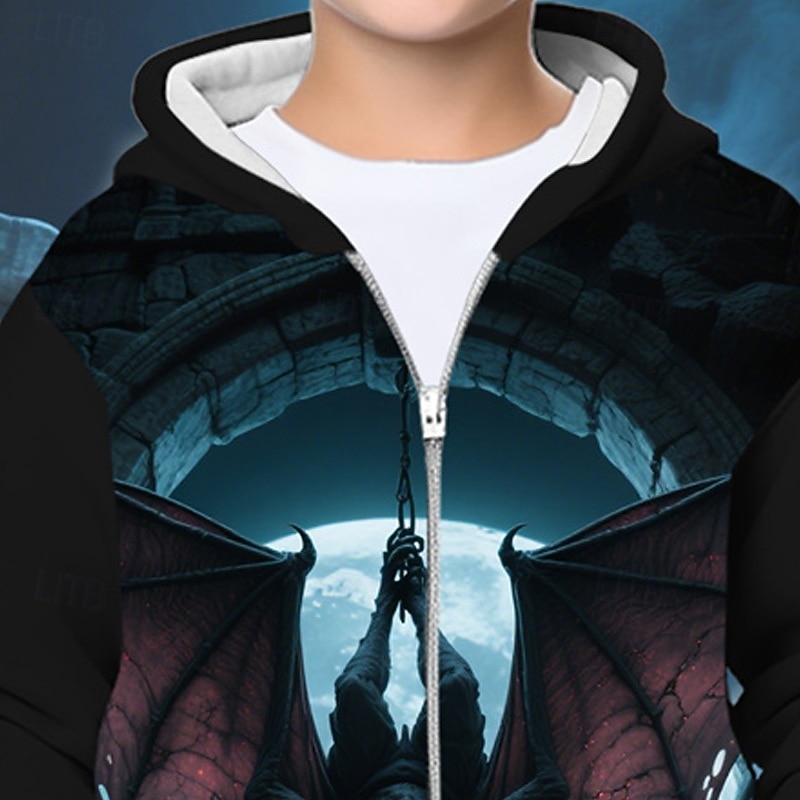 Halloween Boys' 3D Cartoon Bat Hoodie Coat Outerwear Long Sleeve Spring Fall Adorable Sport Kids 4-12 Years Zip Street Daily Regular Fit2