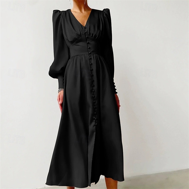 Women's Midi Dress Cocktail Dress Satin Dress Slip Dress Elegant Fashion Modern Outdoor Party Party Evening Wear Regular Fit Plain Long Sleeve V Neck Light Pink Black White Light Green Spring Autumn4