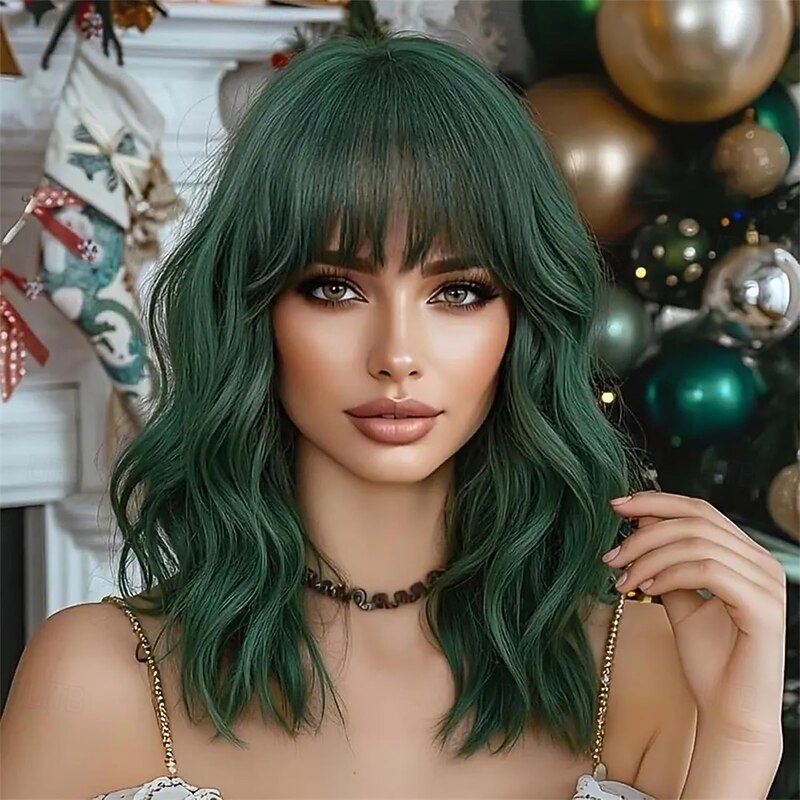 Dark Green Wig with Bangs 14 Inch Bob Wig with Bangs Shoulder Length Green Short Wig for Daily Party Use