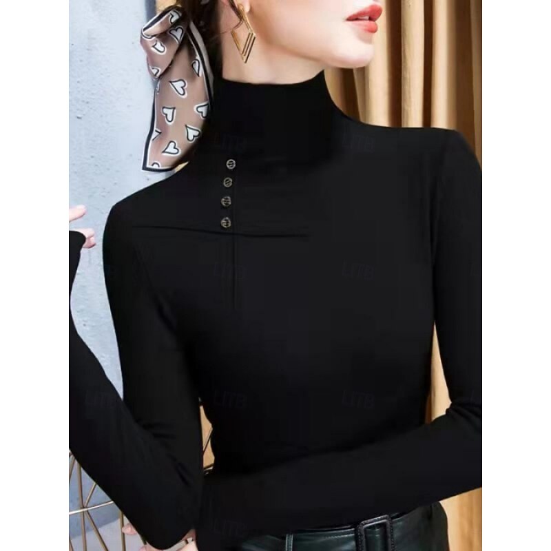 Women's Blouse Solid Color Stylish Casual Long Sleeve Turtleneck Regular Tops Daily Buttons Black White Brown Spring Fall Winter4