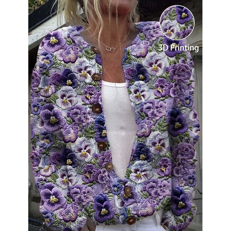 Women's Cardigan Sweater Knitted Ribbed Button Front Round Neck Long Sleeve Lightweight Elegant Vintage Fashion Floral Crew Neck Print Regular Tops Knit Outdoor Daily Weekend Purple Green Fall Winter