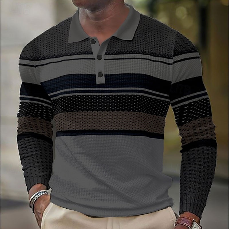 Men's Striped Golf Shirt Long Sleeve Polo Shirts Collared Shirts Casual Vacation Wear Formal Wear Festival Wear Buttons 3D Print Fall & Winter White Purple Brown3