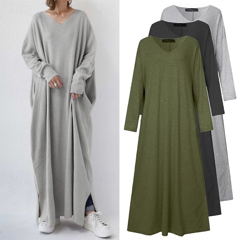 Women's Long Dress Maxi Dress Hoodie Dress Fashion Modern Office Going out Loose Fit Houndstooth Plain Long Sleeve V Neck Black Army Green Grey Spring Fall