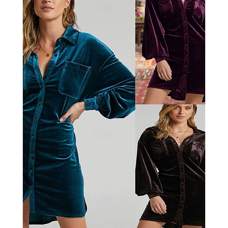 Women's Midi Dress Velvet Dress Cocktail Dress Fashion Classic Modern Outdoor Evening Party Holiday Regular Fit Plain Long Sleeve Shirt Collar Purple Brown Green Summer