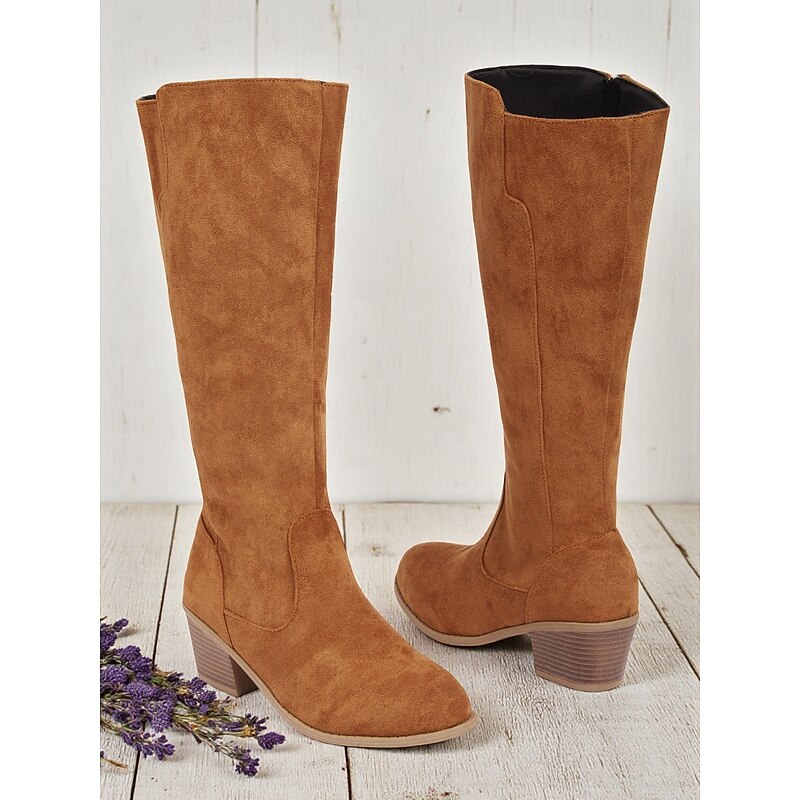 Women's Minimalism Dark Brown Mid Calf Boots – Faux Suede Chunky Heel Zipper Shoes for Casual Wear and Autumn Outfits3