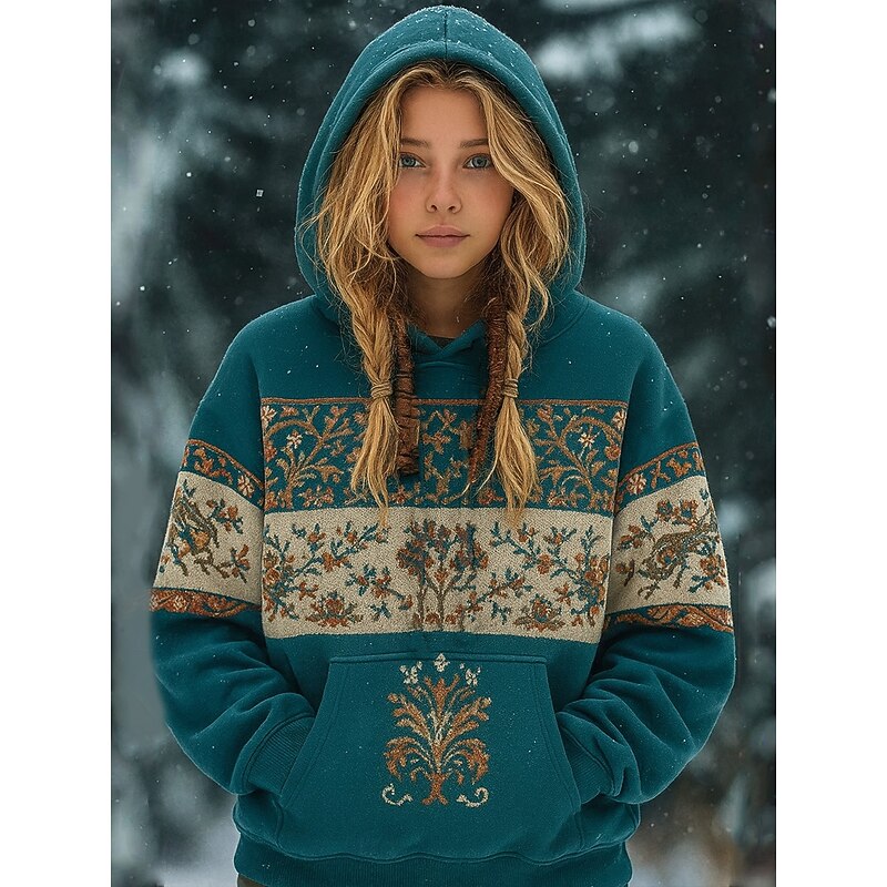 Vintage Viking Women's Pullover Hoodie Sweatshirt Graphic Geometric Warm Vintage Western Long Sleeve Hooded Regular Tops Street Print Front Pocket Black Dark Green Green Spring Fall Winter #