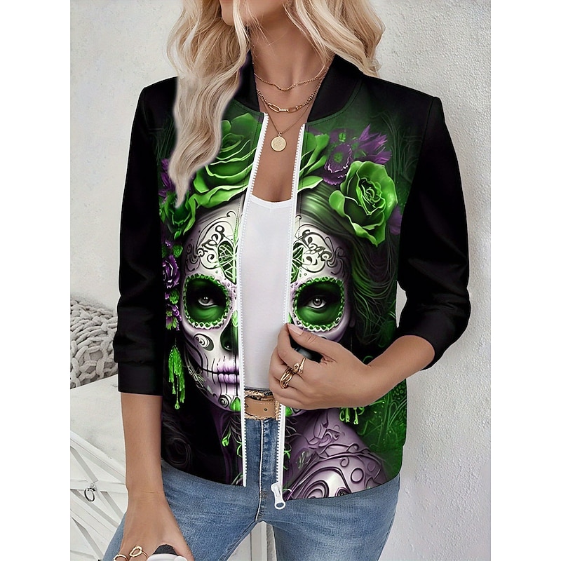 Women's Casual Jacket Warm Quick Dry Zipper Pocket Elegant Fashion Daily Simple Skull Vacation Casual Daily Holiday Regular Baseball Collar Regular Fit Long Sleeve Outerwear Blue Purple Green Spring2