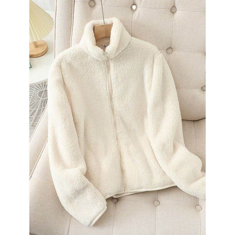 Women's Sherpa Jacket Comfortable Breathable Zipper Pocket Casual Plain Vacation Street Casual Daily Wear Zipper Regular Stand Collar Regular Fit Long Sleeve Outerwear White Pink Blue Spring Fall3