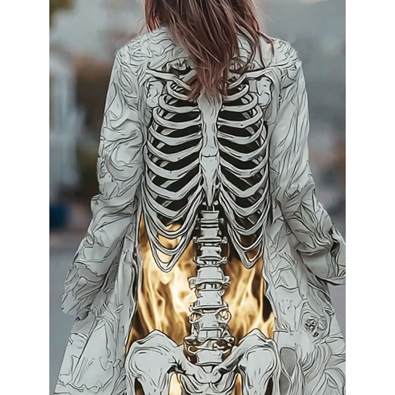 Halloween Women's Skeleton Coat Lightweight Comfortable Print Vintage Artistic CasualSkull Casual Long Collarless Regular Fit Long Sleeve Outerwear White Spring Fall2
