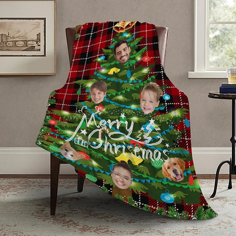 Personalized Customized Christmas Fleece Blanket With Face Print Christmas Tree Design Cozy Warm Throw Blanket Holiday Gift For Family Friends Home Decorations3