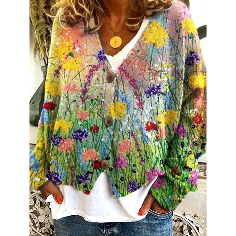 Women's Sweater Cardigan Elegant Vintage Fashion Floral Graphic Butterfly V Neck Pocket Knitted Print Long Sleeve Regular Tops Knit Outdoor Daily Weekend Ginger Green Fall Winter