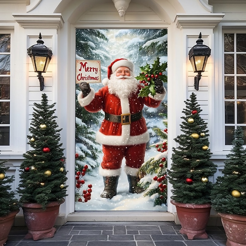 Christmas Door Cover, Classic Santa Holding North Pole Sign Door Curtain, Vintage 2025 Xmas Entrance Banner for Holiday Party and Outdoor Home Decoration2