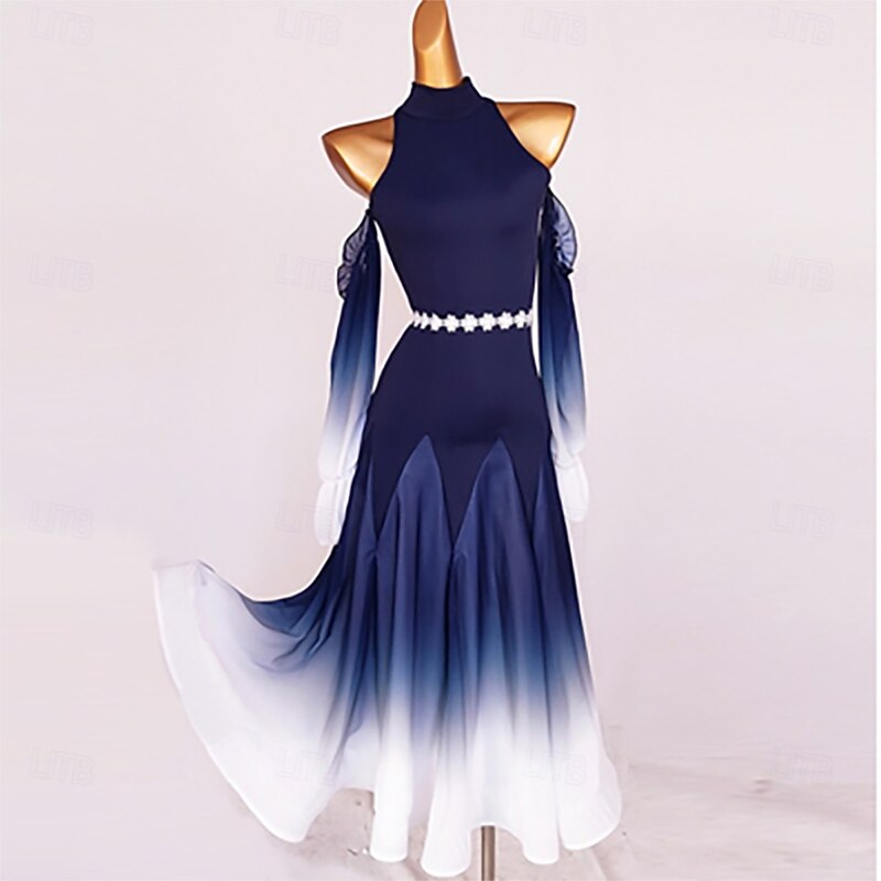 Women's Purple Ombre Ballroom Dance Dress with Flowing Sleeves, Belted Waist, and Halter Neck – Perfect for Latin, Tango, and Performance Wear3