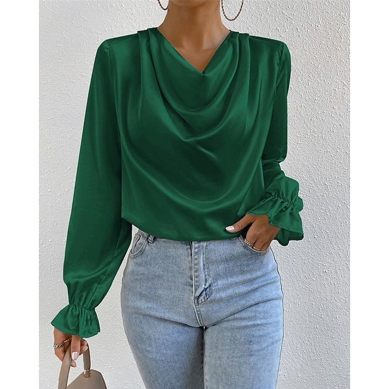 Women's Shirt Elegant Dressy Satin Plain Stylish Casual Long Sleeve Cowl Neck Regular Tops Daily Going out Draped Black Pink Green Apricot Spring Fall3