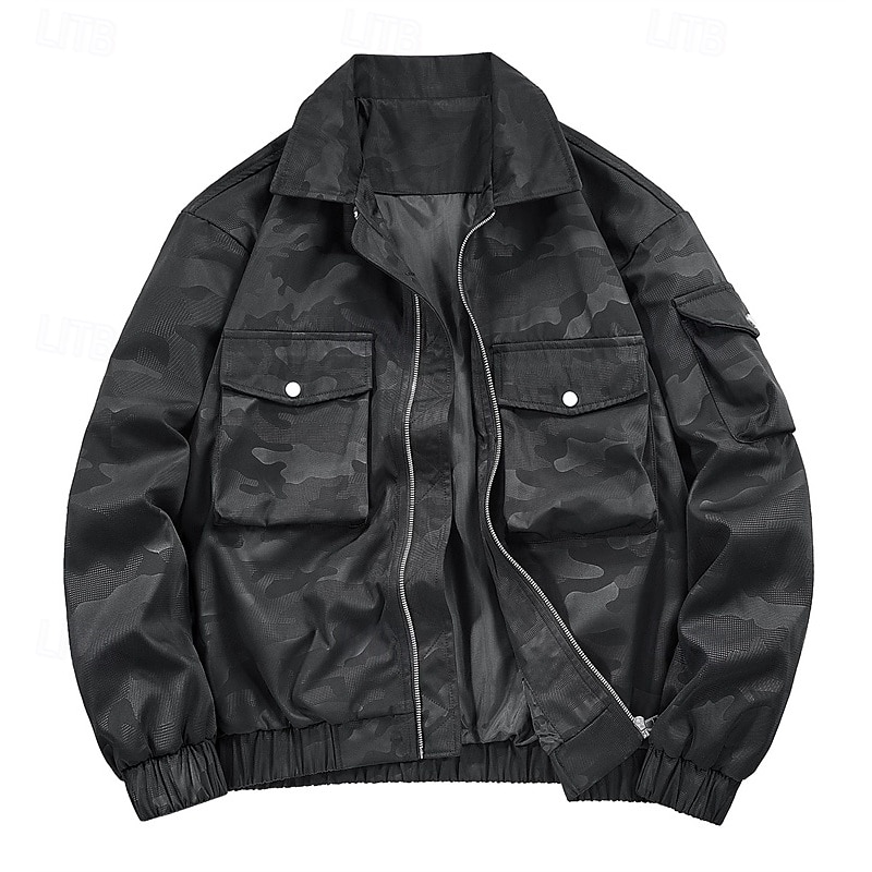 Men's Bomber Jacket Cargo Jacket Casual Jacket Vacation Daily Breathable Pocket Spring Fall Plain Fashion Classic Lapel Regular Black White Jacket4