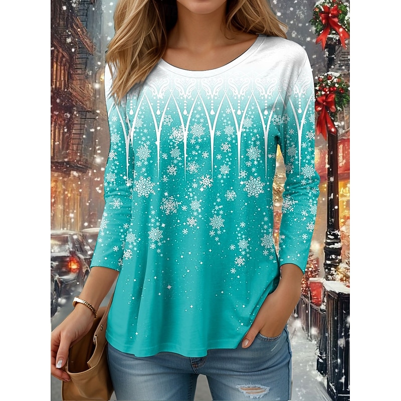 Christmas Women's T Shirt Graphic Snowflake Vintage Fashion Stylish Long Sleeve Crew Neck Regular Tops Daily Weekend Print Red Blue Purple Orange Green Spring Fall Winter4