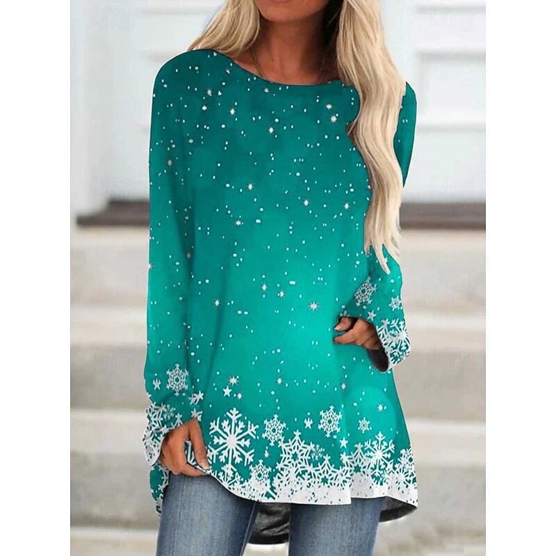 Christmas Women's T Shirt Graphic Snowflake Christmas Vintage Stylish Classic Long Sleeve Crew Neck Long Tops Daily Going out Weekend Print Red Blue Fuchsia Green Khaki Spring Fall Winter2