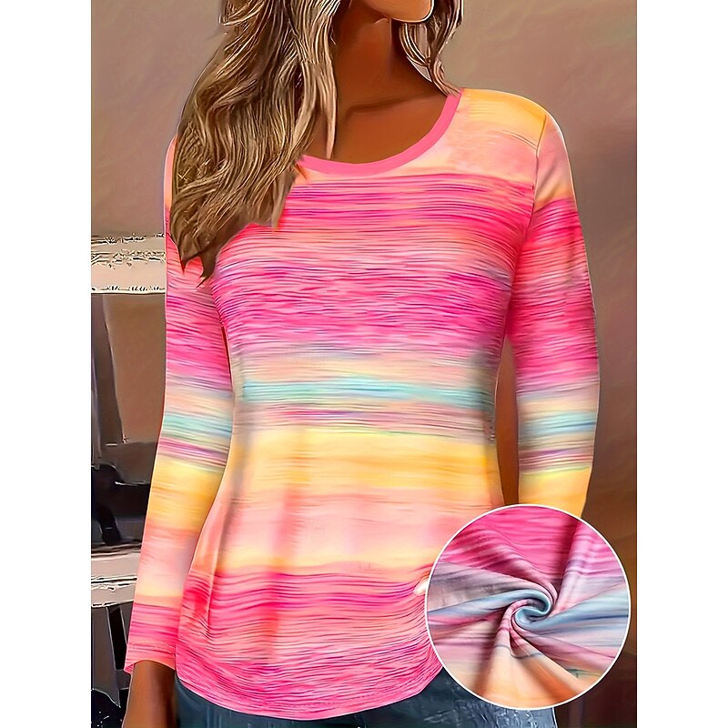 Women's T Shirt Ombre Graphic Color Gradient Vintage Stylish Classic Long Sleeve Crew Neck Round Neck Regular Tops Daily Print Pink Spring Fall Winter