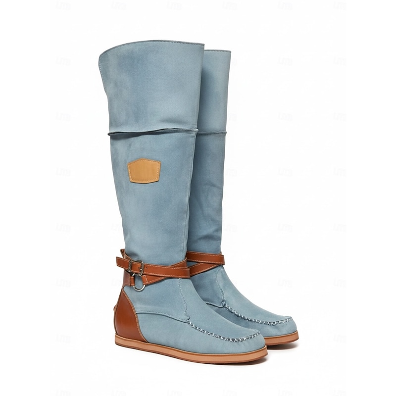 Women's Suede Knee-High Boots with Wedge Heel and Buckle Strap - Bohemian Style Casual Boots in Denim Blue2