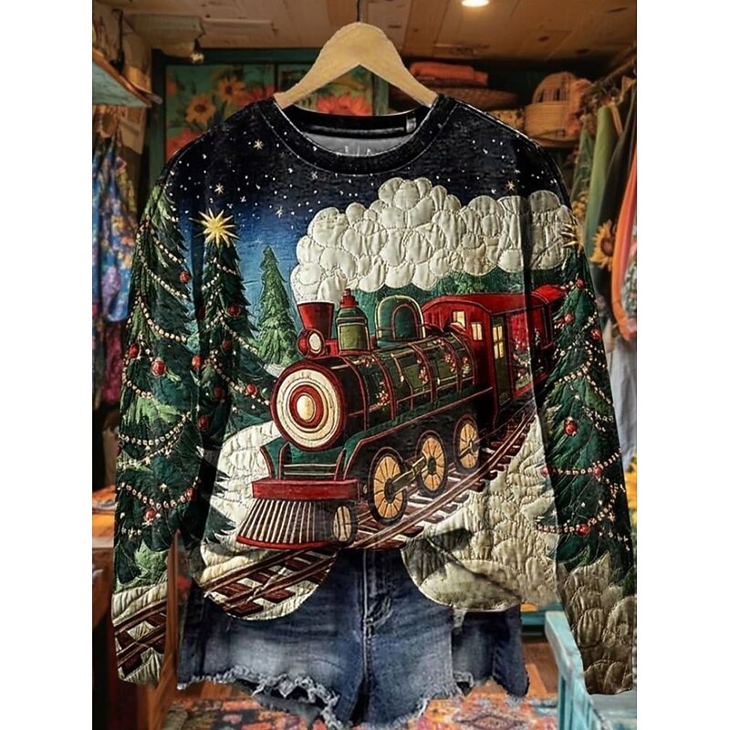 Women's Pullover Sweatshirt Christmas Tree Christmas Casual Long Sleeve Crew Neck Regular Tops Street Dailywear Casual Blue Dark Green Dark Gray Fall Winter2