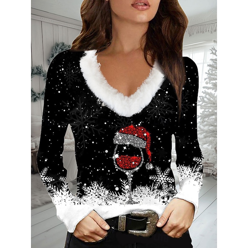 Christmas Women's T Shirt Graphic Snowflake Wine Glass Casual Long Sleeve V Neck Regular Tops Daily Patchwork Print Black Wine Blue Green Fall Winter