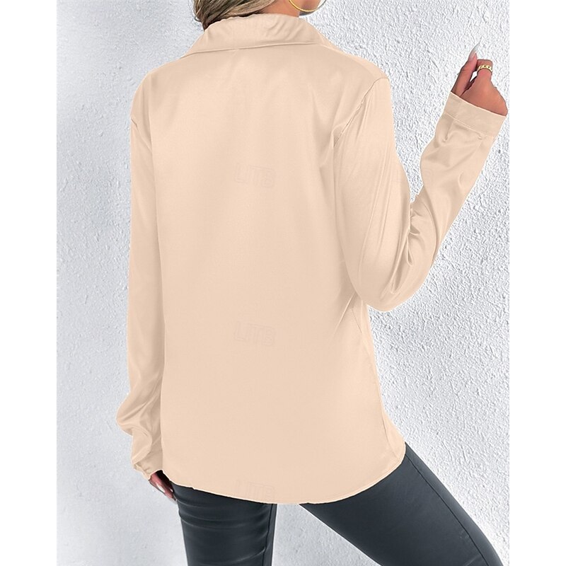 Women's Shirt Elegant Dressy Satin Solid Color Stylish Casual Long Sleeve Shirt Collar Regular Tops Daily Going out Buttons Black White Beige Spring Fall4